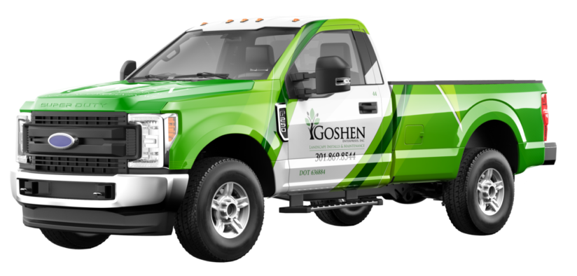 Service truck with a custom advertising wrap for Goshen Landscaping
