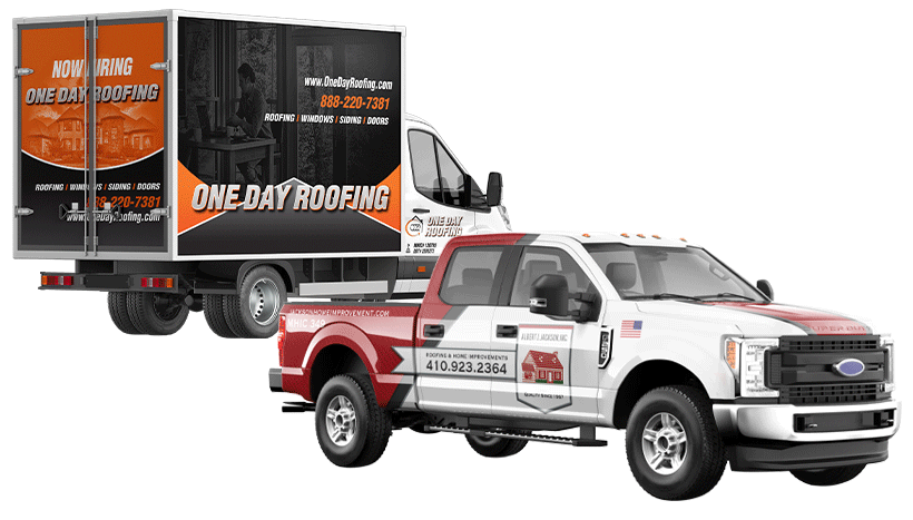 Advertising wraps for roofing companies on a pickup truck and a box truck
