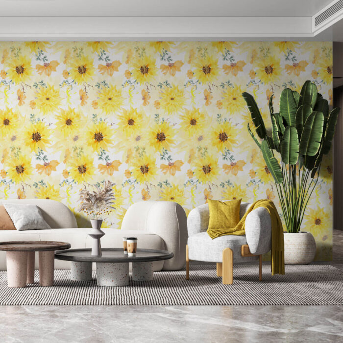livingroom with watercolor sunflower peel and stick wallpaper on white background