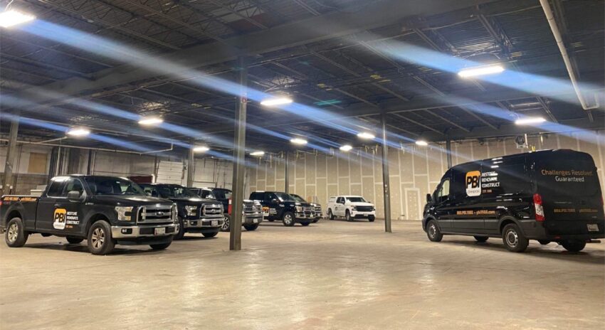 Fleet of constructions trucks and vans with custom vinyl wraps inside a warehouse