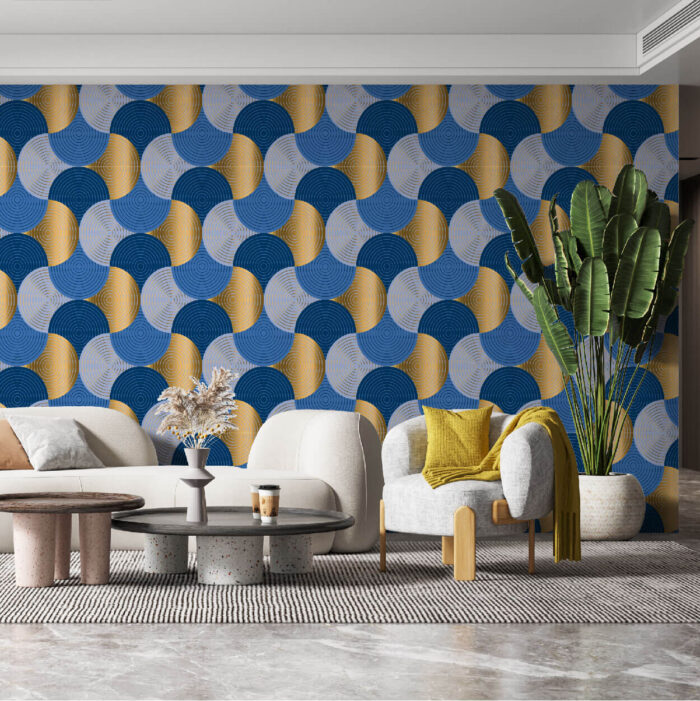 living room with navy blue light blue white and gold wallpaper retro