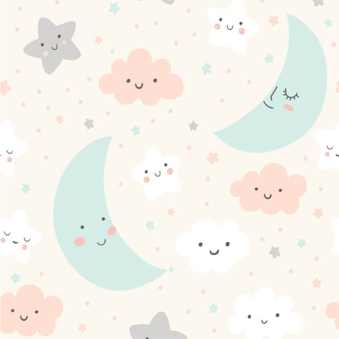 childrens room wallpaper with blue moons, pink clouds, white clouds, and grey stars on beige background