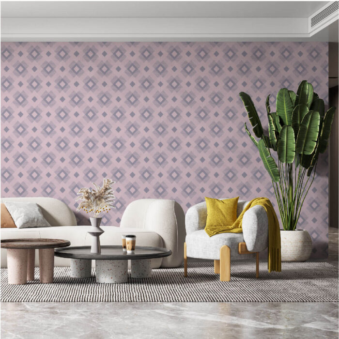 livingroom with cream furniture and checker square print pink and purple diamond pattern wallpaper