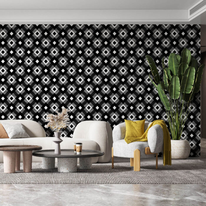 livingroom with checker square print black and white diamond pattern wallpaper