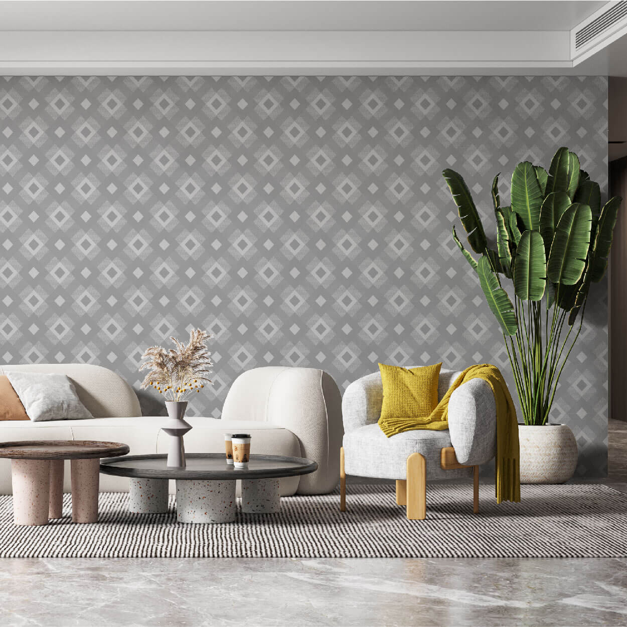 Livingroom with cream furniture with yellow accents and checker square print grey and white diamond pattern wallpaper