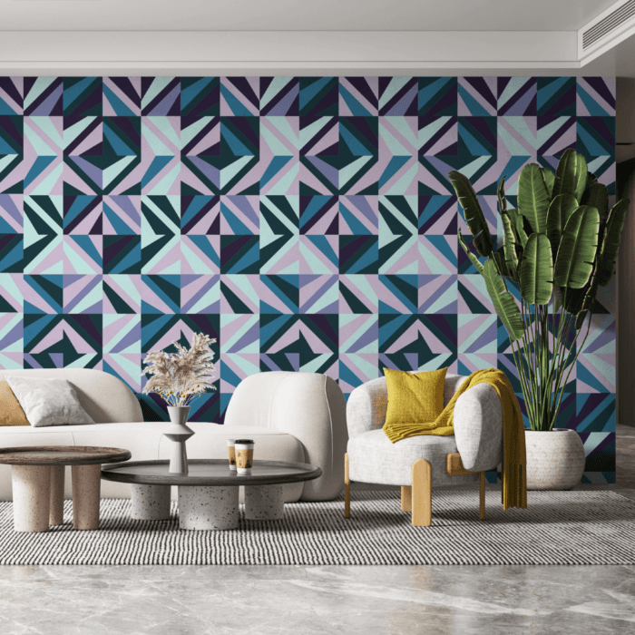 Lounge area with blue, black, green and purple postmoden style wallpaper