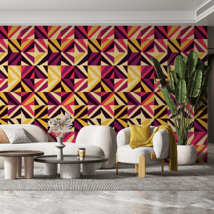 Lounge area with purple, black, yellow and orange postmoden style wallpaper
