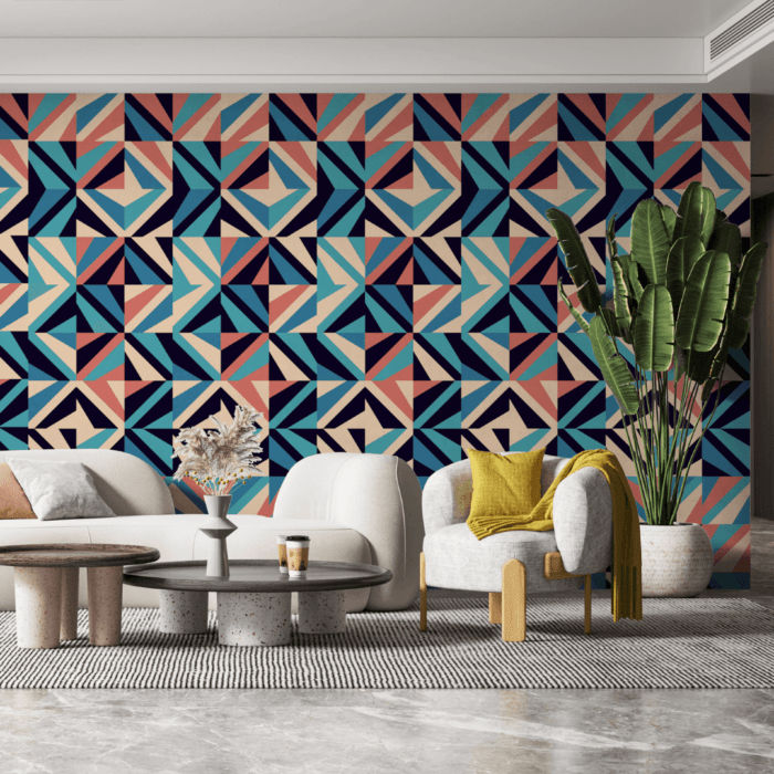 Lounge area with red, blue and black post-modern style peel and stick wallpaper