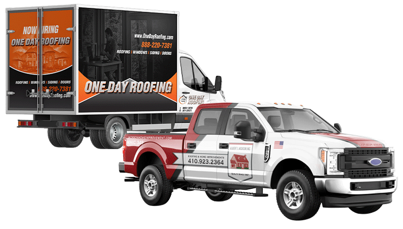 Advertising wraps for roofing companies on a pickup truck and a box truck