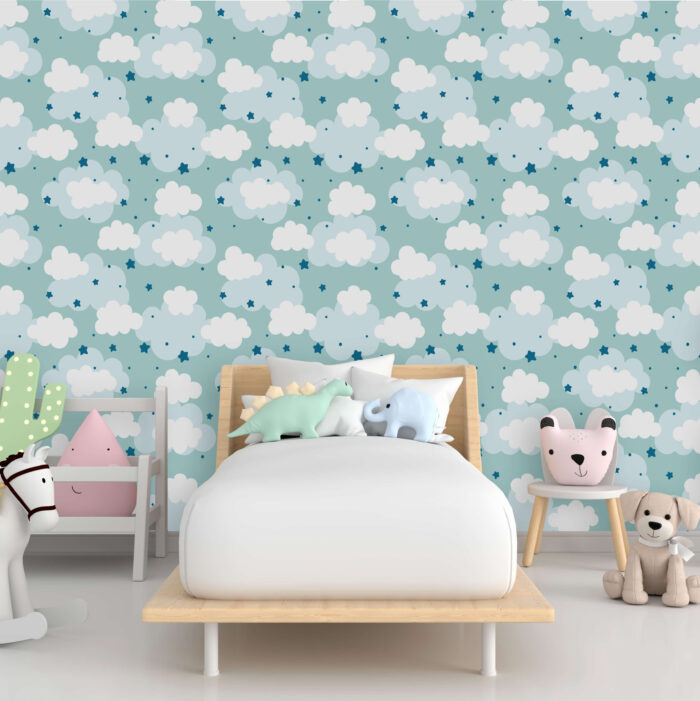 Blue and white wallpaper with cloud and star patterns in a child's bedroom