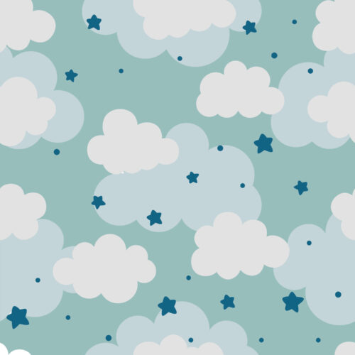 Blue and white peel and stick wallpaper with cloud and star patterns