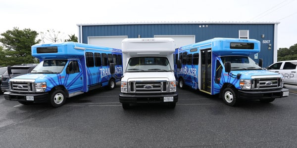 Group of business buses covered in fleet wraps