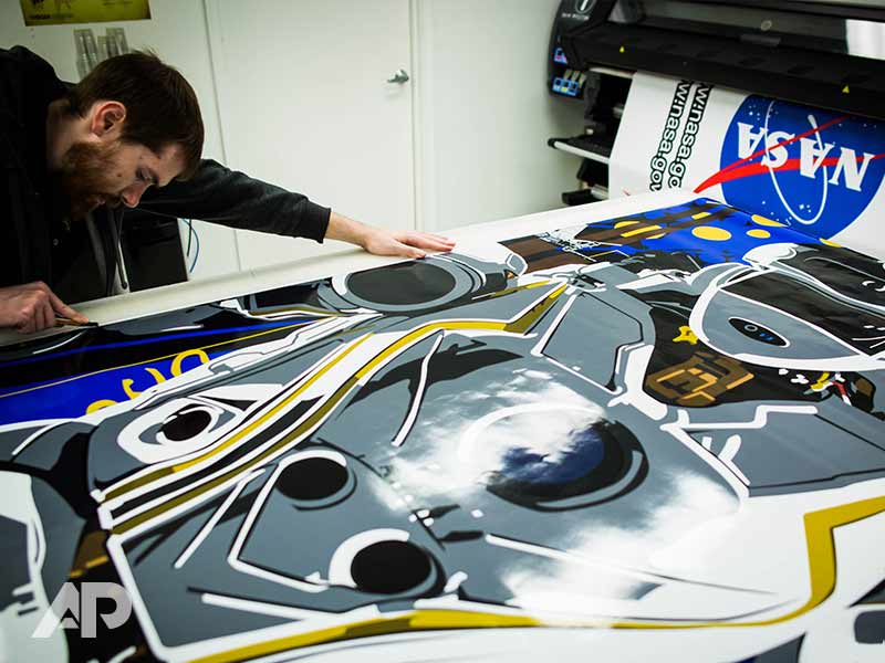Production stage of NASA trailer advertising wrap installation by AP Wraps