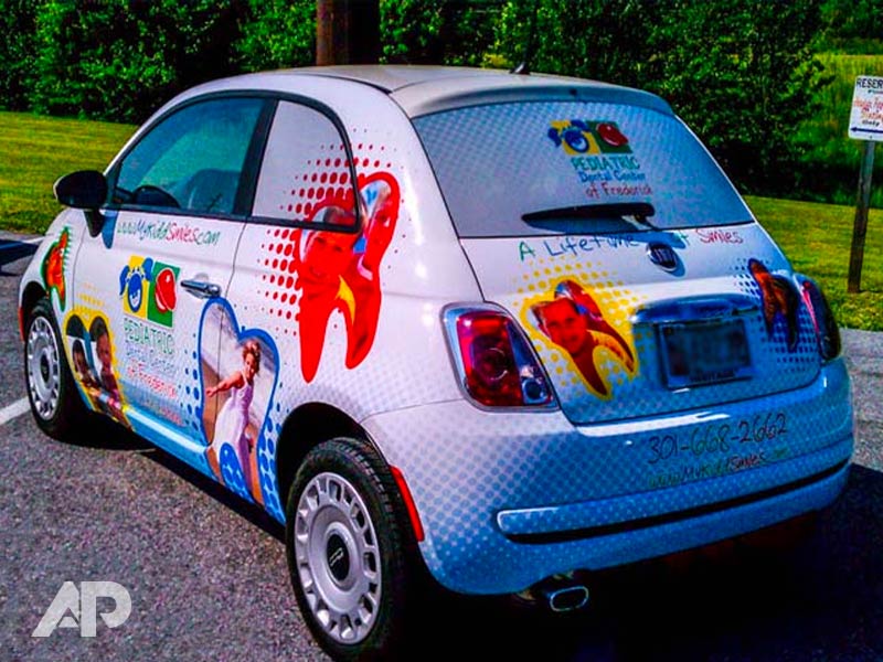 Left back view of My Kidd Smiles Fiat advertising wrap