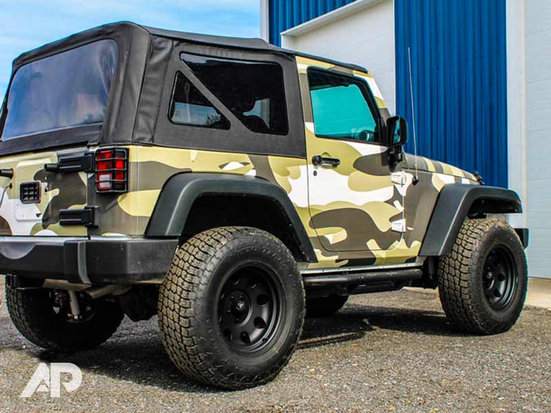 Camo Jeep Wrangler rear view vehicle wrap