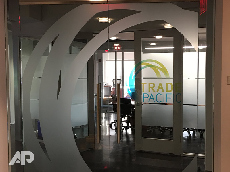 Frosted window film installed on Trade Pacific office glass