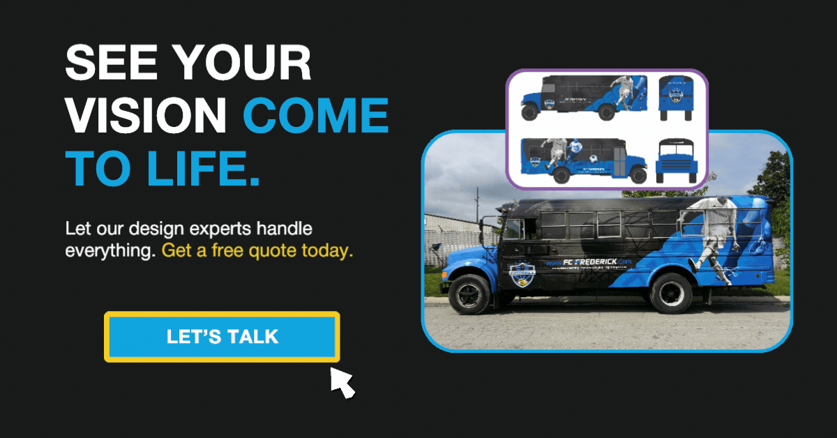 Bus wrap mockup and final installation with call-to-action to get a free custom bus wrap quote for any vehicle project