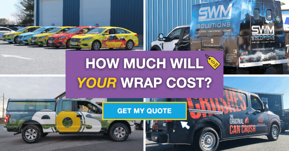 Call-to-action image with commercial vehicle wraps and a button to get a custom quote
