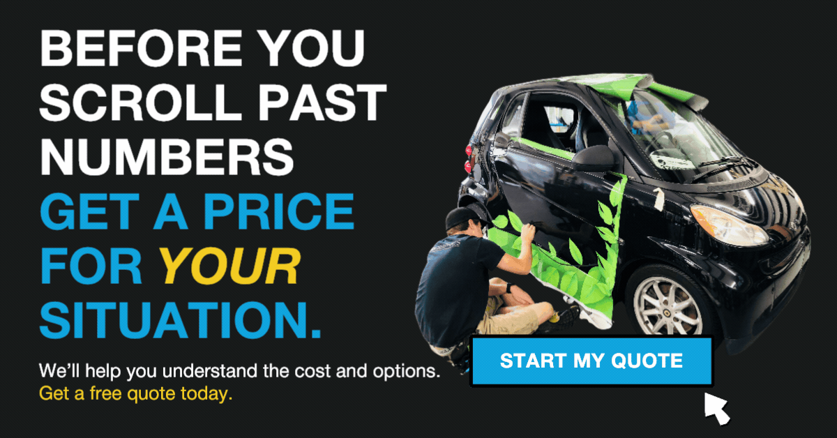 Technician wrapping a small black car with a CTA to get a personalized vehicle wrap quote