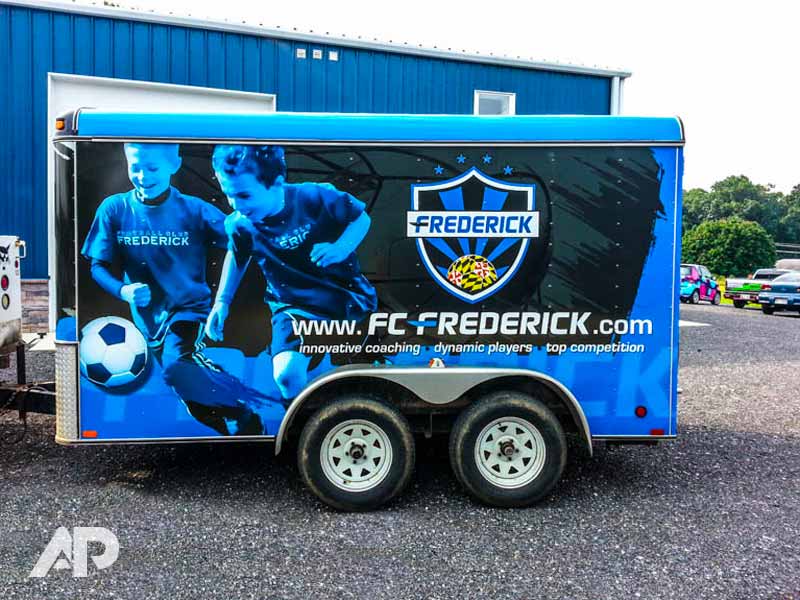 FC Frederick trailer wrap showcasing team branding and vibrant graphics