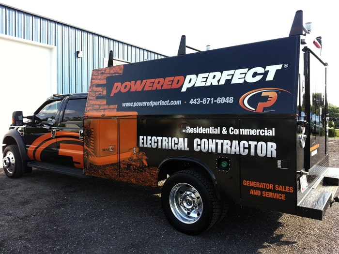 Powered Perfect branded pickup truck wrap installation in Maryland