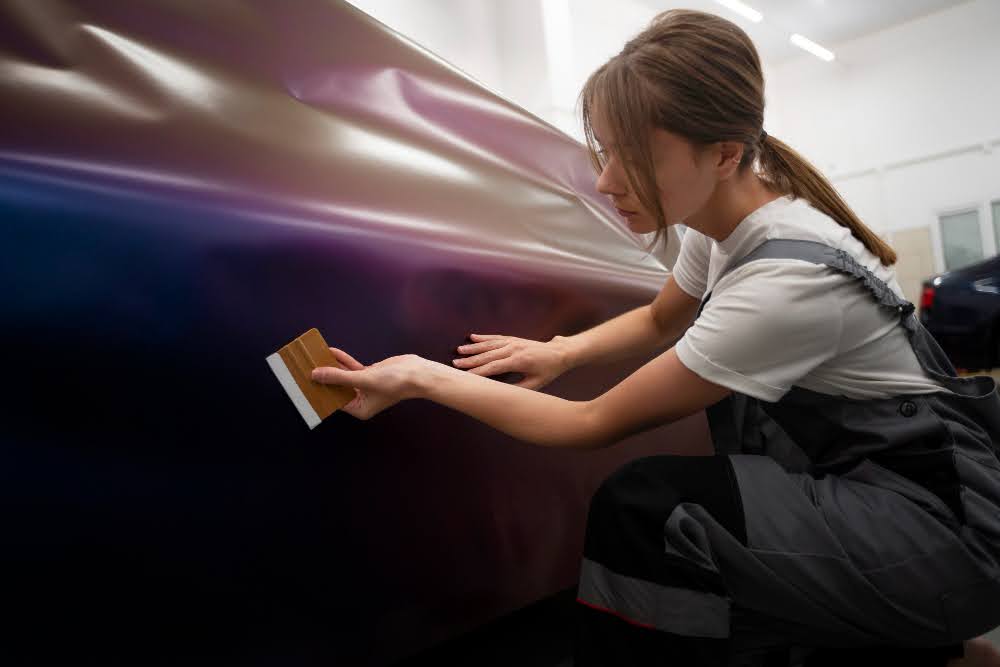 A technician installing a wrap on an HVAC service vehicle.