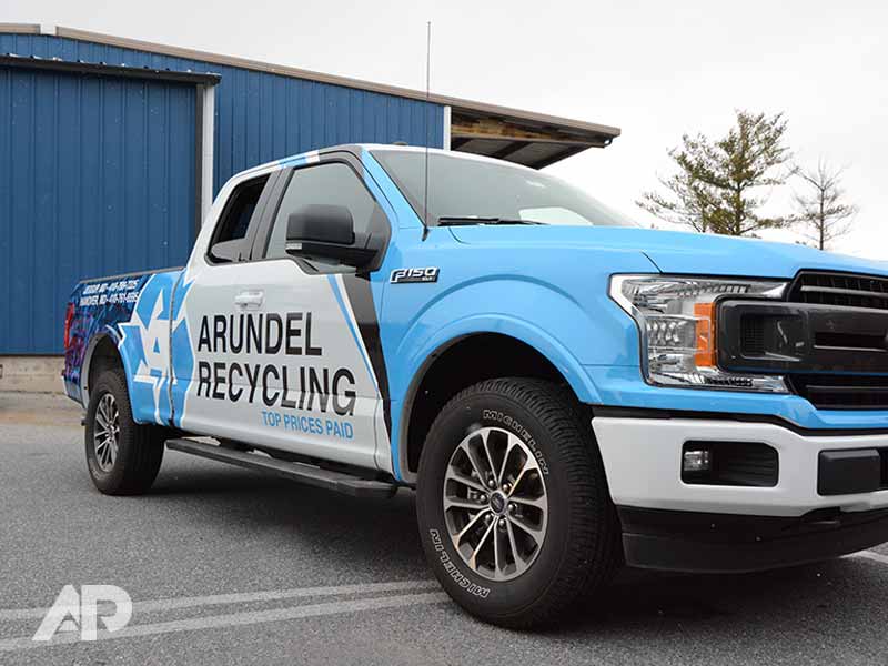 Recycling truck advertising wrap for Arundle with custom graphics