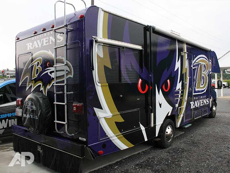 Back-right view of Baltimore Ravens custom RV wrap in Baltimore