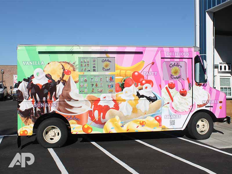 Golden Twist ice cream truck wrap angled right-side view