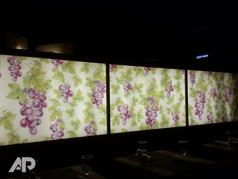 Closeup of Grand Cru Grapevine custom window graphics