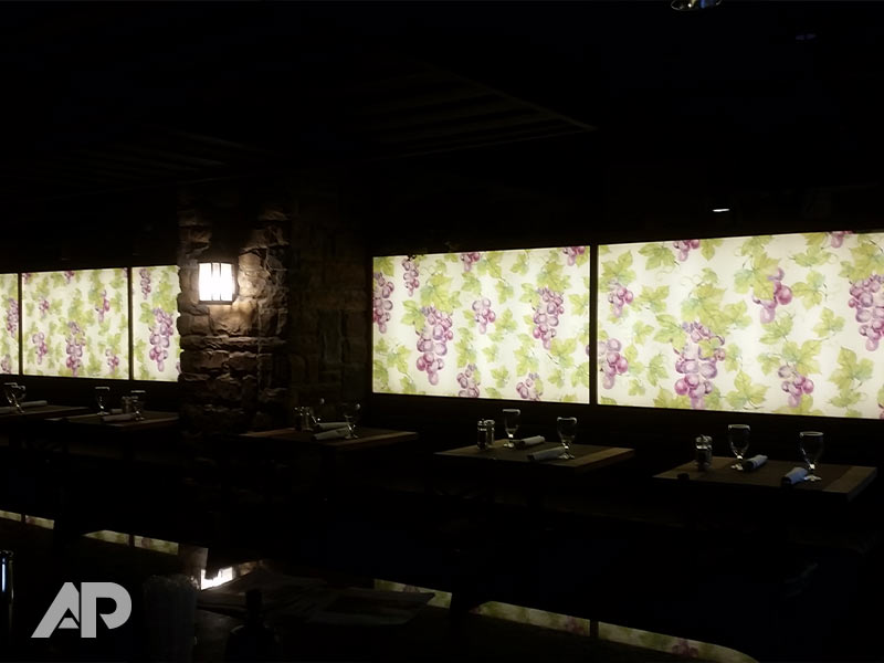 Right-side view of Grand Cru Grapevine window graphics installation