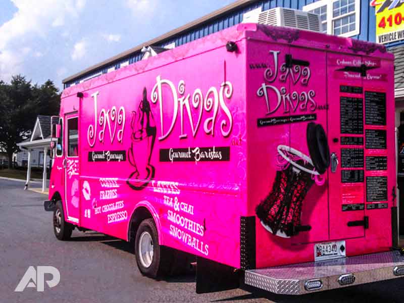 Java Divas food truck wrap left back angle Pasadena Maryland