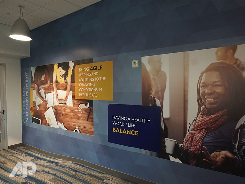Blue healthcare-themed wall mural at Johns Hopkins hospital