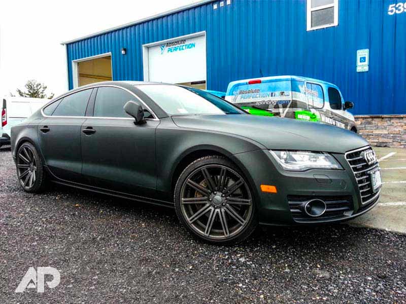 Matte Black Audi A7 Vehicle Wrap Front-Right Angle