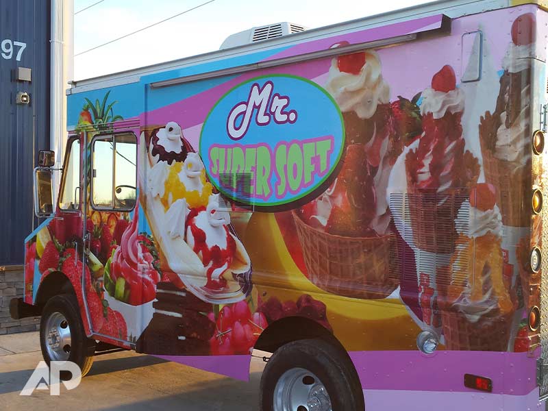 Mr. Super Soft ice cream truck wrap left side vibrant custom design