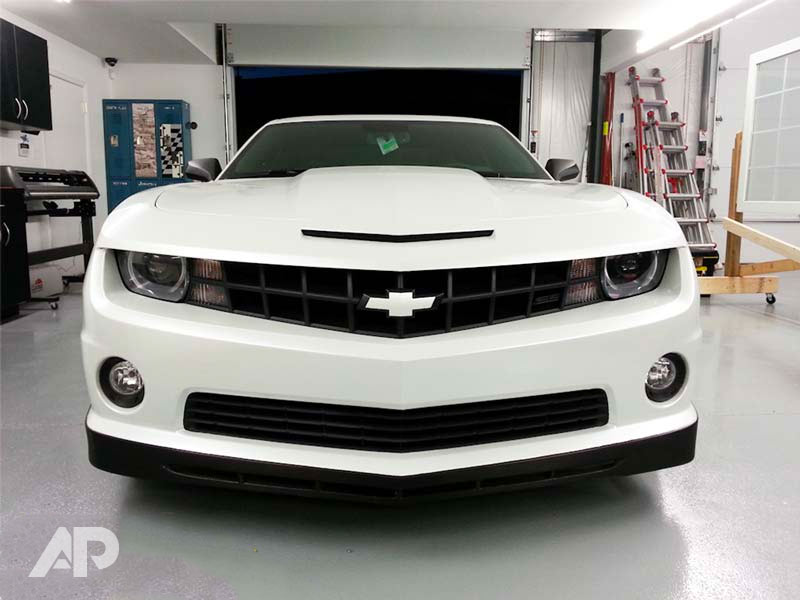 Pearl White Camaro front view color change wrap