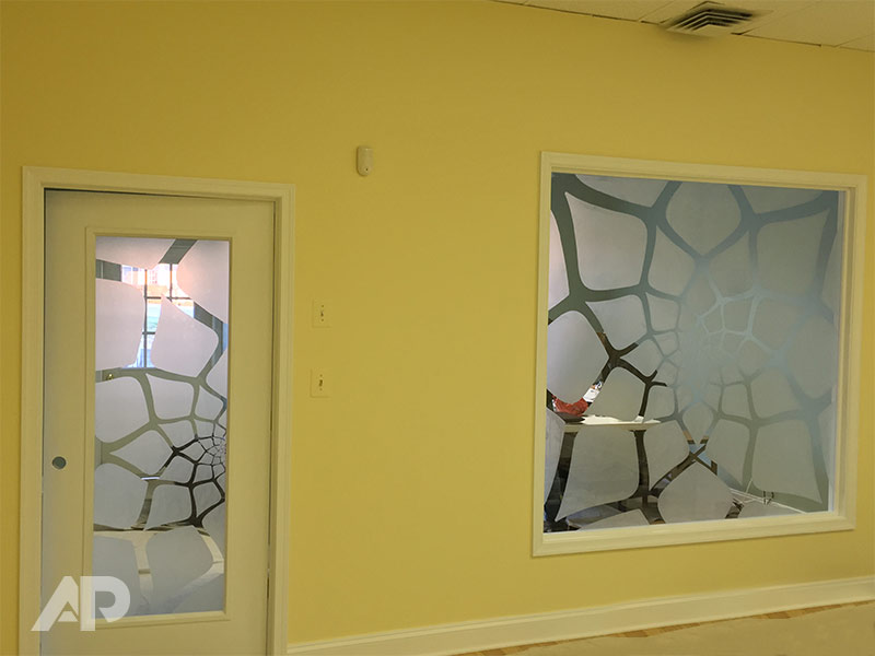Razz Yoga studio left angle frosted window graphics Baltimore installation