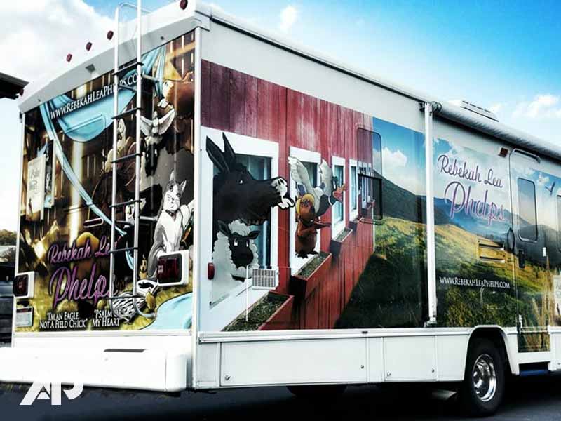 Back view of Rebekah Lea Phelps RV book tour vehicle wrap