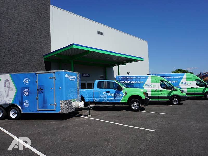 RightAway Storage Fleet Wraps on Trucks, Vans, and Trailers by Ap Wraps
