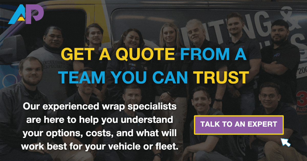 AP Wraps team photo with vehicle wrap quote offer
